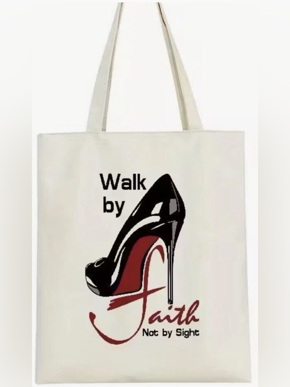 Walk By Faith Canvas Tote Bag with High Heel Graphic - Cream/Black/Red